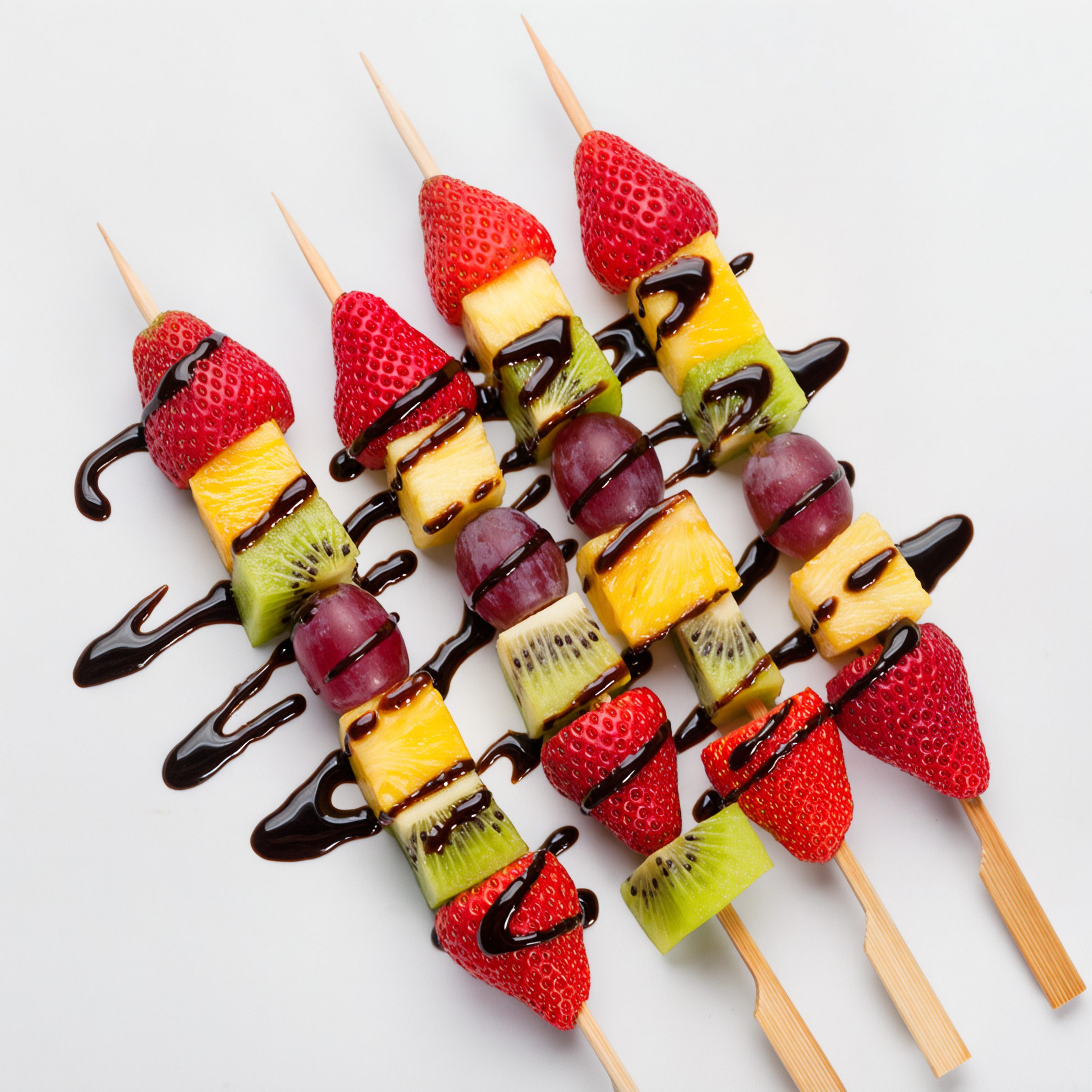 Four skewers in a row, each with pieces of strawberry, orange, kiwifruit, grapes on them. Drizzled with chocolate sauce.