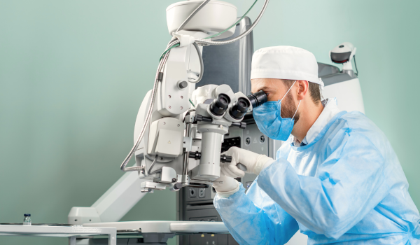 A person lies on an operating table in a hospital room, receiving eye surgery. 
