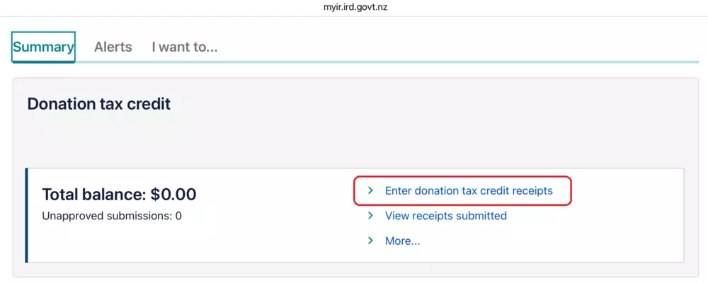 A screenshot of the New Zealand Inland Revenue (myIR) website showing the Donation tax credit section. The total balance is $0.00 with zero unapproved submissions. On the right, three links are visible: "Enter donation tax credit receipts" (highlighted with a red box), "View receipts submitted," and "More..."