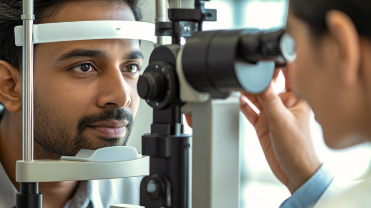 A young man with his chin resting on a chin rest that is holding his head in place as his eyes are being examined by an ophthalmologist.